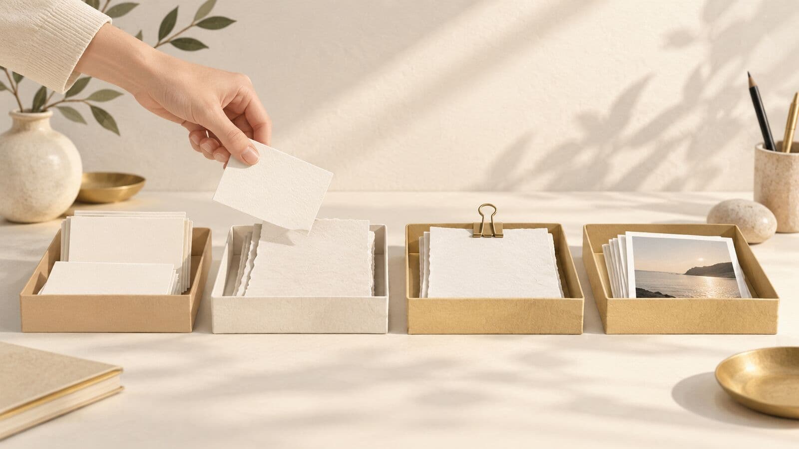Paper cut-out of four shallow trays in a row holding blank cards, with a hand moving one card to the next tray.
