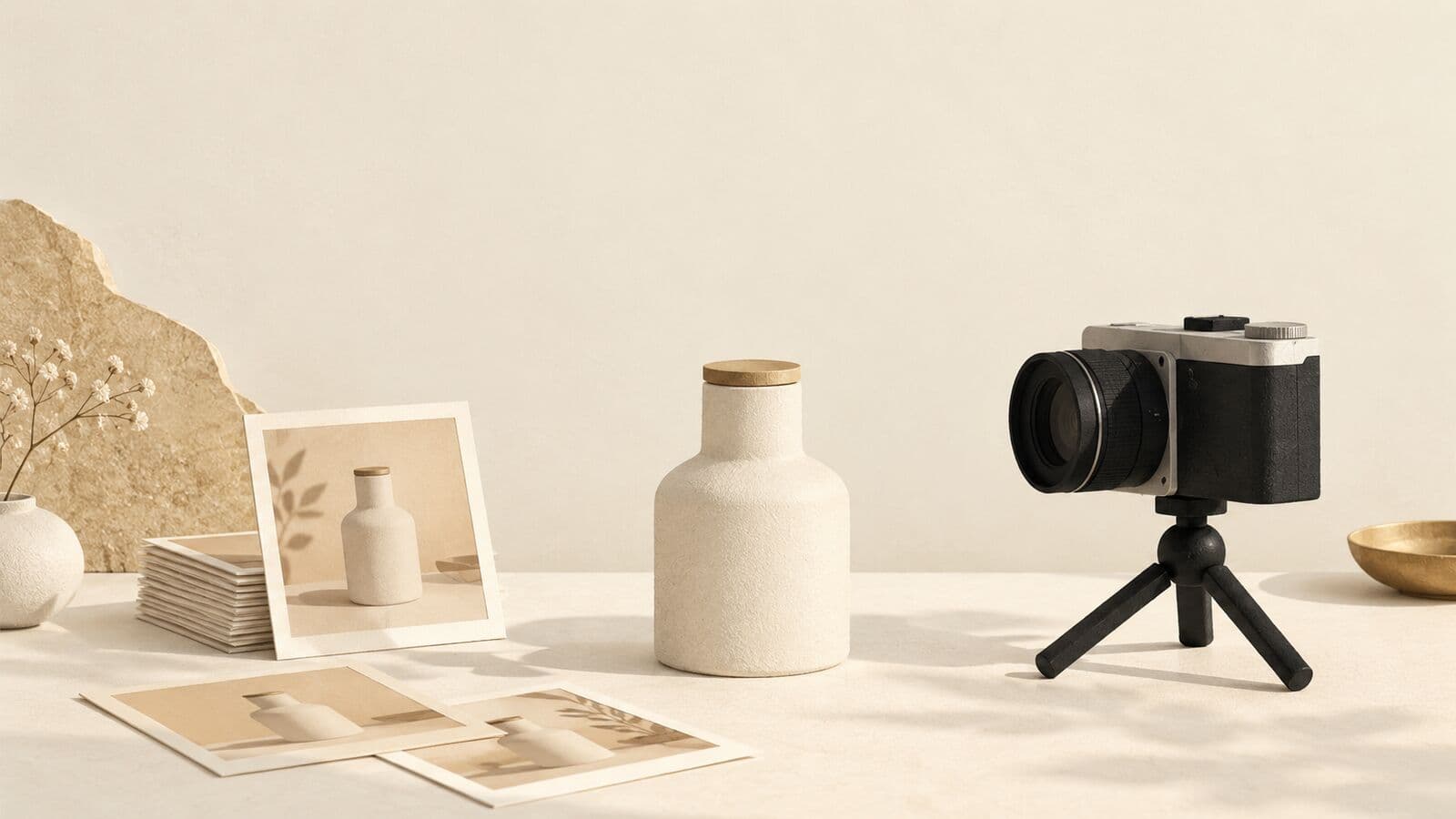 Paper cut-out of a stack of square photo cards beside a camera on a small tripod facing a simple product.