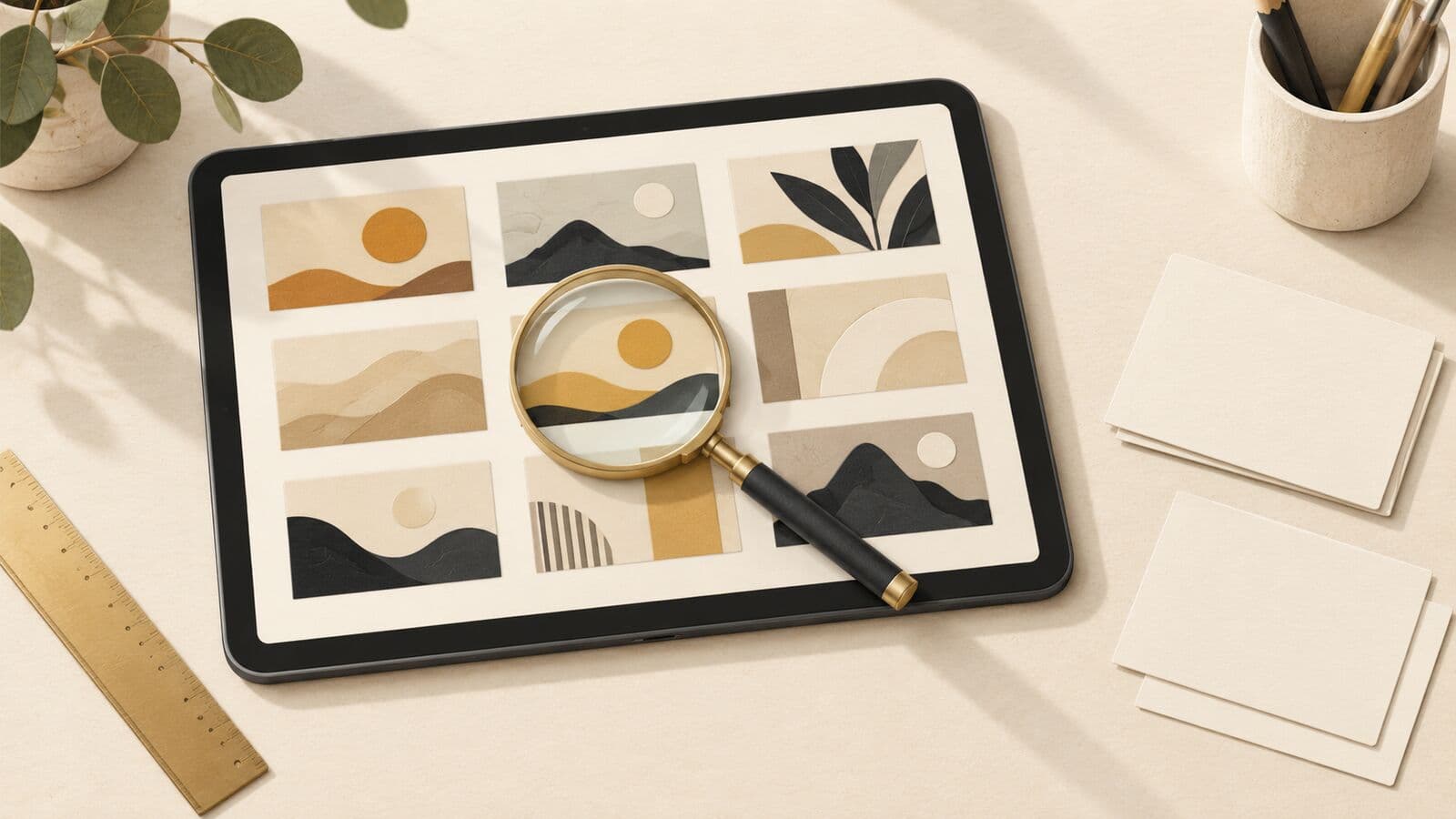 Paper cut-out of a tablet of video thumbnails with a magnifying glass resting over one of them.