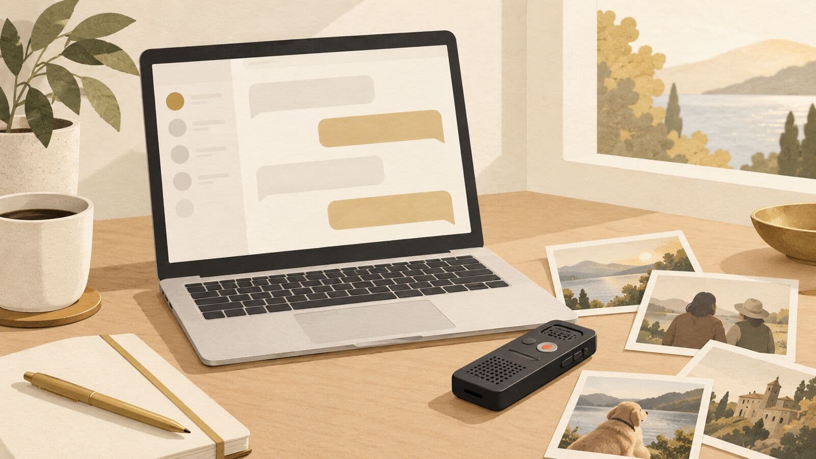 Paper cut-out of a laptop with a blank chat window beside a voice recorder and personal photographs.