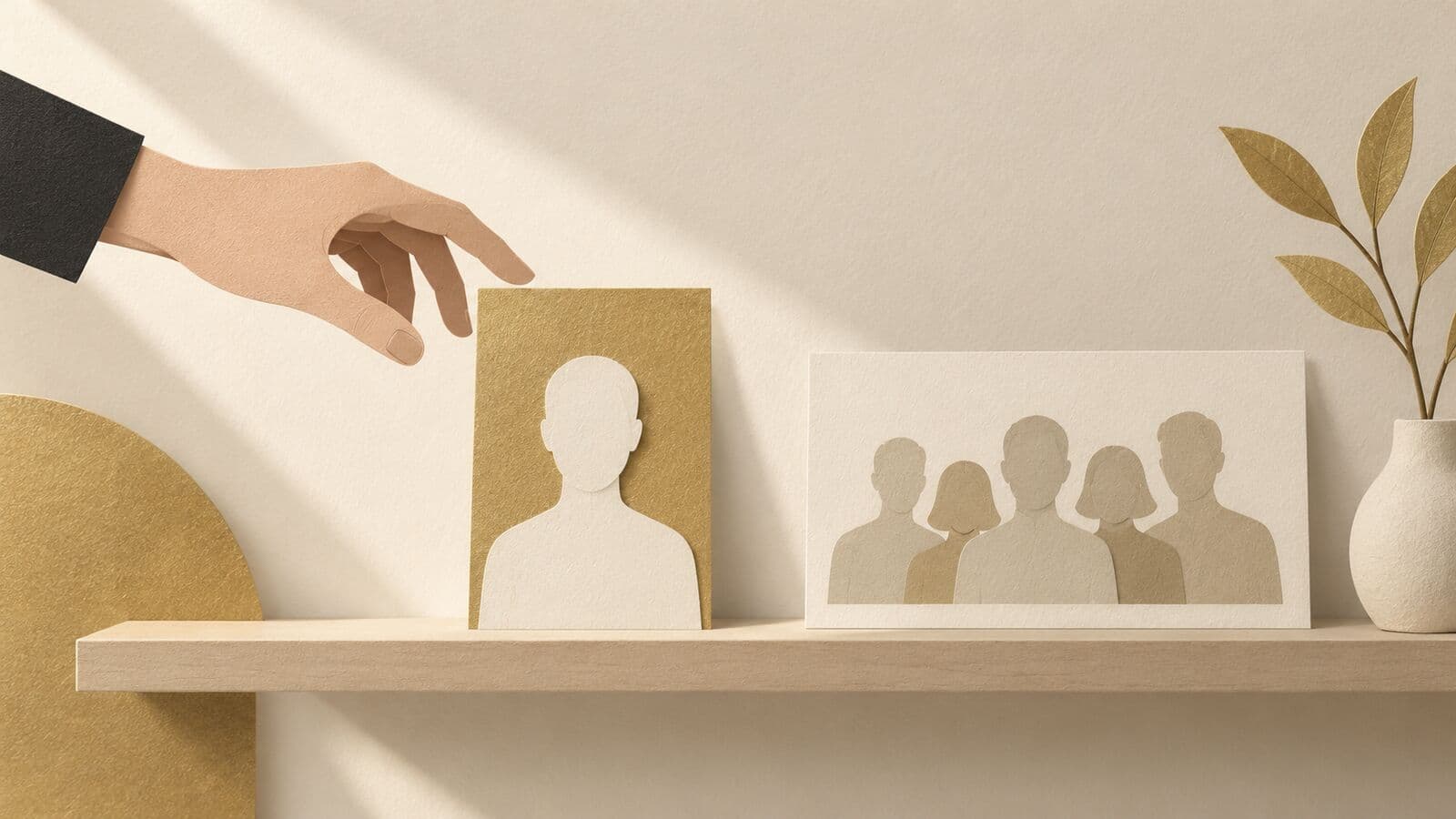 Paper cut-out of one upright portrait card beside a wider card of a small group, with a hand reaching for the portrait.