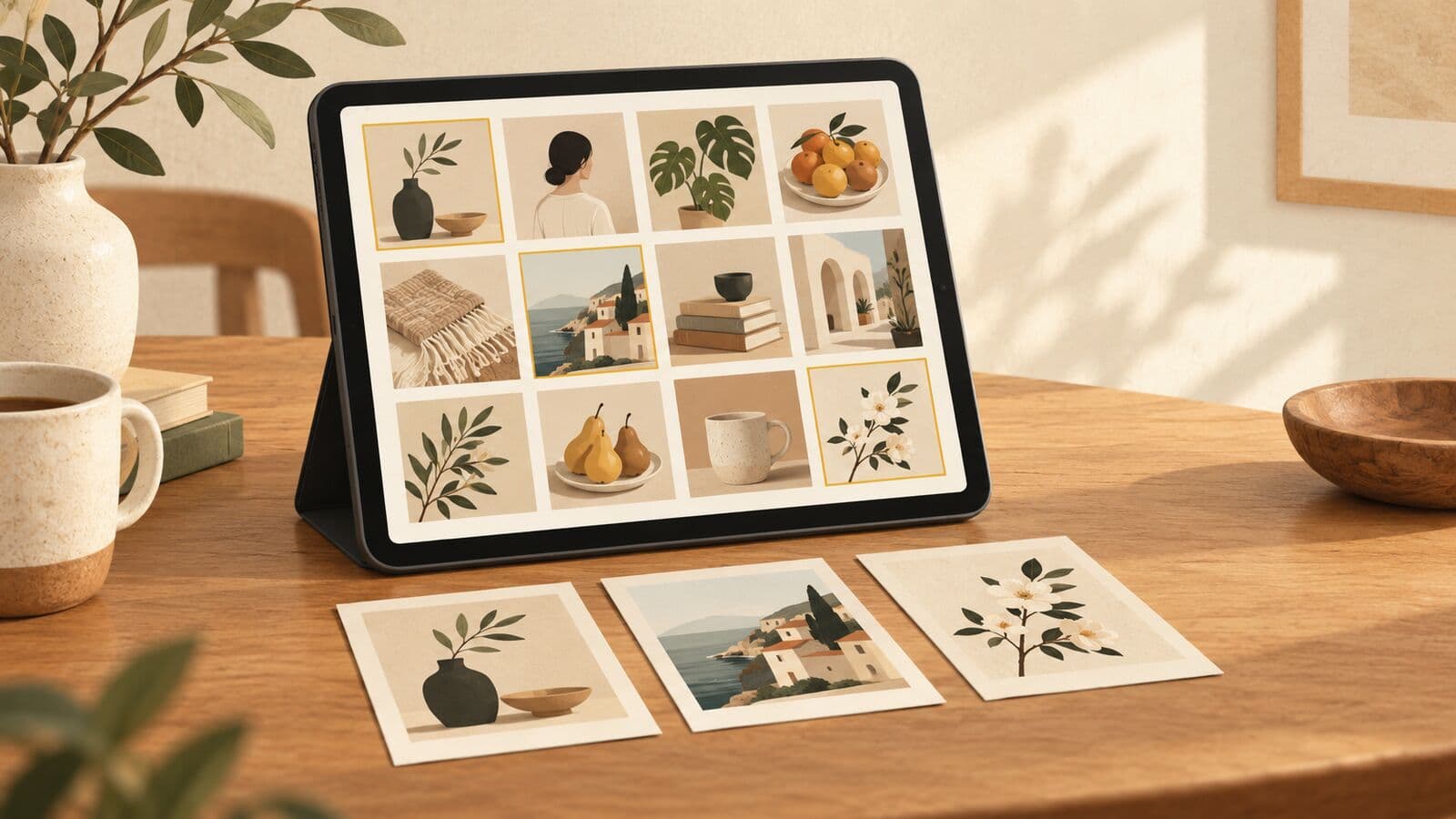 Paper cut-out of a tablet showing a grid of creator thumbnails, with three matching plain cards laid out below it.