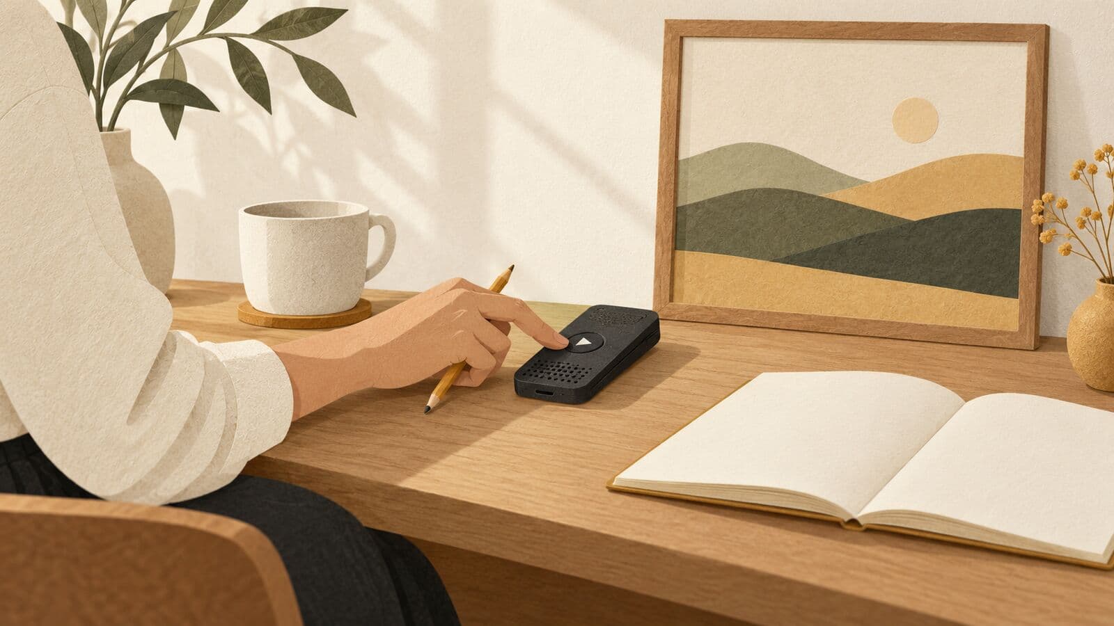 Paper cut-out of a voice recorder beside a framed hills landscape and an open notebook, with a person reaching to play it.