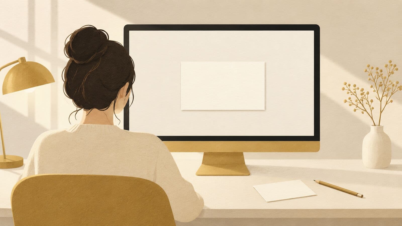 Paper cut-out of a monitor showing one blank post card in empty space, with a person seen from behind studying it.