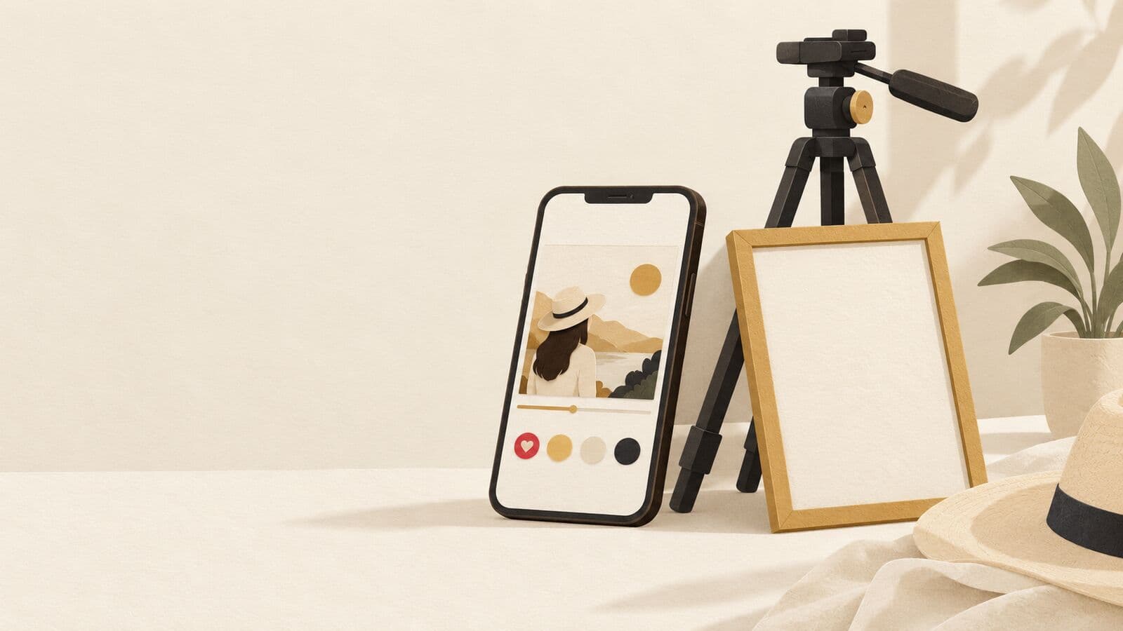 Paper cut-out of a phone showing a video thumbnail above reaction circles, with an empty portrait frame leaning on a tripod.